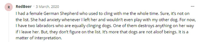 I had a female German Shepherd who used to cling with me the whole time.